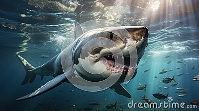 A very scary white shark with an open mouth in the ocean. A cinematic attack Stock Photo