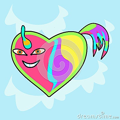 Very stylized unicorn in the shape of a heart without limbs with a corner and a tail Vector Illustration