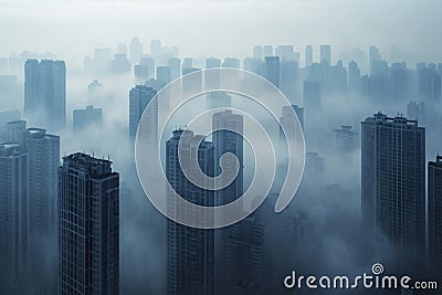 A very tall city rises prominently amidst a thick layer of fog on a cloudy day, Cluster of skyscrapers in a smog-filled cityscape Stock Photo