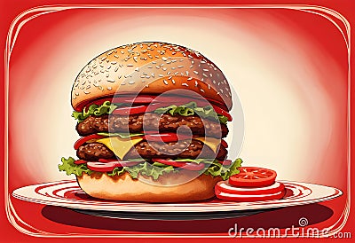 A very tall hamburger, over a red background Stock Photo