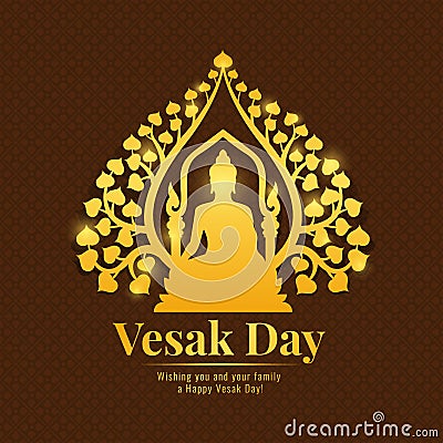 Vesak day banner with gold Buddha Meditate under bodhi tree Sign on flower brown pattern background vector design Vector Illustration