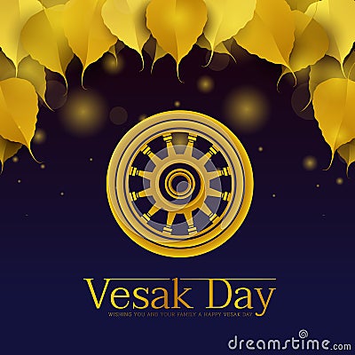 Vesak day banner - gold Dharmachakra Wheel of Dhamma sign on blue background with gold bodhi leaves and light bokeh on top vector Vector Illustration