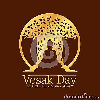 Vesak day banner with gold paper cutting buddha sit under tree on brown background vector design Vector Illustration