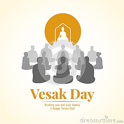 Vesak day banner with Group of Buddhists are Meditation and Buddh statue sign vector design Vector Illustration