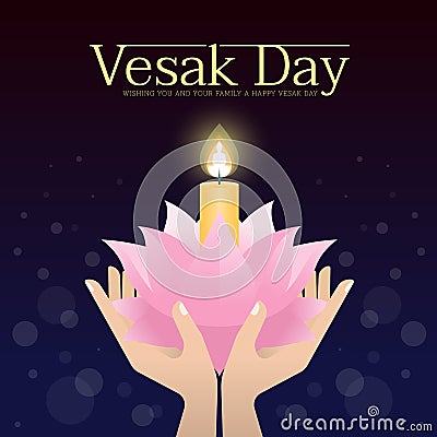 Vesak day banner - hand holding candle light on lotus for remember the Lord Buddha in night time vector design Vector Illustration