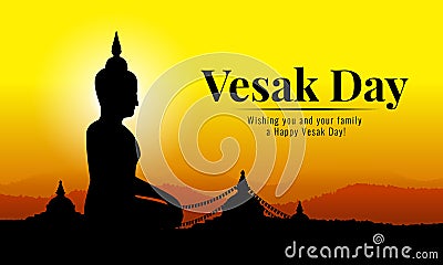 Vesak day banner with Silhouette Big Buddha statue in temple and mountain on yellow orange sky vecto design Vector Illustration