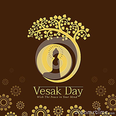 Vesak day banner with Yellow The lord buddha Meditate under bodhi tree and circle full moon sign on brown background vector design Vector Illustration