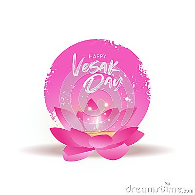 Vesak Day card of pink lotus flower and candle Vector Illustration