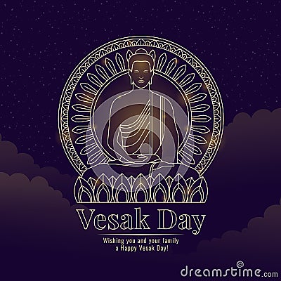 Vesak day - gold line the Lord Buddha meditated on lotus and circle lotus around on night sky background vector design Vector Illustration