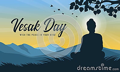 Vesak day with scenery Silhouette The Lord Buddha meditated intuit under Bodhi trees and radiance light vector design Vector Illustration