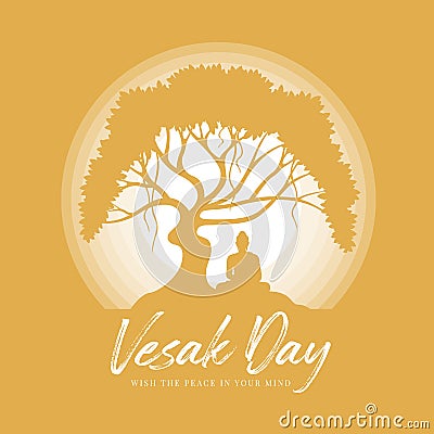 Vesak day with Silhouette the Buddha meditation under bodhi tree in circle light full moon night on yellow background vector Vector Illustration