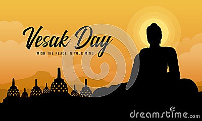 Vesak day with Silhouette A large meditation statue of the Buddha in Borobudur temple vector design Vector Illustration