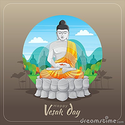 Vesak greeting card with meditating buddha statue Vector Illustration