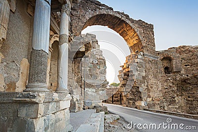 Vespasian gate to the ancient city of Side, Turkey Stock Photo