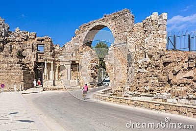 Vespasian gate to the ancient city of Side Editorial Stock Photo