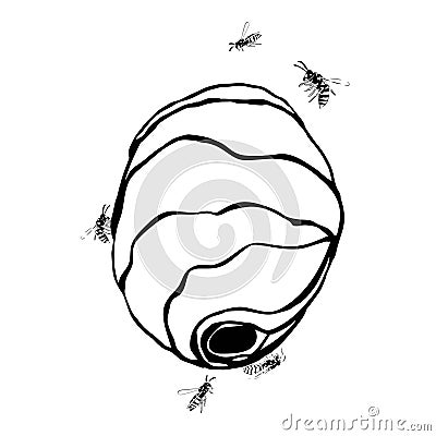 Vespiary with wasps illustration black isolated on white background Vector Illustration