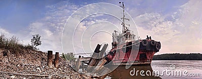 Vessel berthing at dry jetty in the river at sunny day Stock Photo