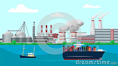 Vessels container ship sail past factory plant buildings vector illustration. Smoking industrial chimney pipes pollute Vector Illustration