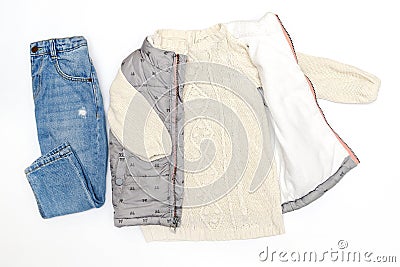 Vest and jumper,sweater,jeans pants.baby children's clothes,accessories. Fashion kids outfi Stock Photo