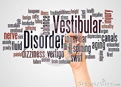 Vestibular disorder word cloud and hand with marker concept Stock Photo