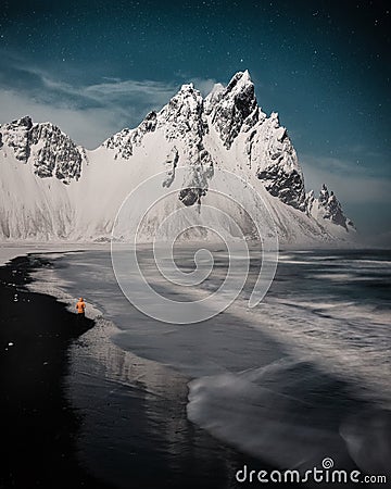 Vestrahorn mountain in south-east Iceland, covered by snow near the beach and sea in the winter Stock Photo