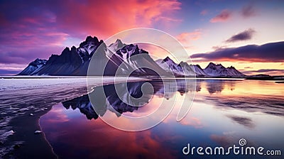Vestrahorn mountaine on Stokksnes cape in Iceland during sunset. Amazing Iceland nature seascape. popular tourist attraction. Best Stock Photo