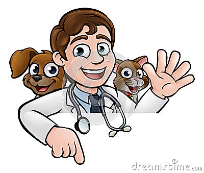 Vet Cartoon Character Pointing Sign Vector Illustration