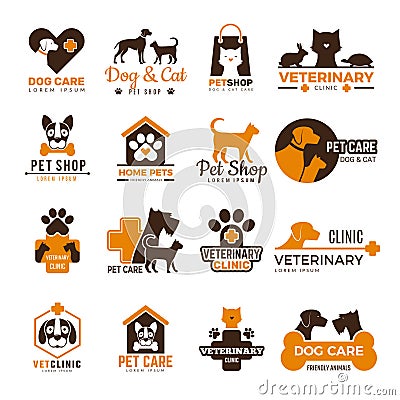 Vet clinic logo. Pets shop cats dogs domestic animals protection friendly funny symbols vector collection Vector Illustration