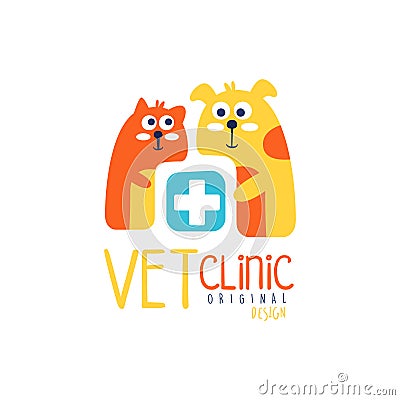 Vet clinic logo template original design, colorful badge with cats Vector Illustration