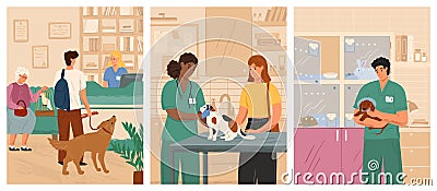 Vet clinic vector illustration set. People with pets visit veterinarian clinic. Veterinary doctor examining dog and cat Vector Illustration