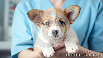 Vet cradles a trusting puppy patient. Stock Photo