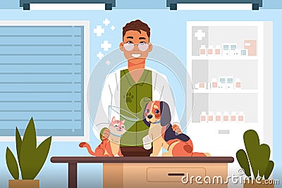 Vet examine. Cartoon veterinary doctor in clinic heals cute cats and dogs, hospital for domestic animals, consulting Vector Illustration