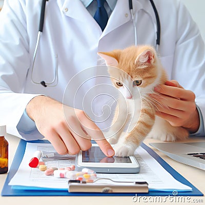 Vet examining dog and cat. Puppy and kitten at veterinarian doctor. Animal clinic. Pet check up and vaccination. Health care Stock Photo