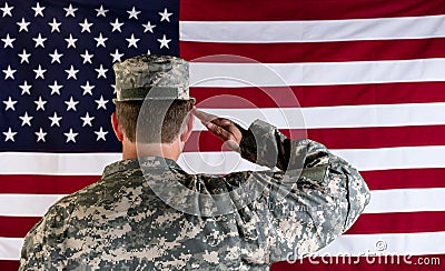 Veteran male solider saluting the flag of USA Stock Photo