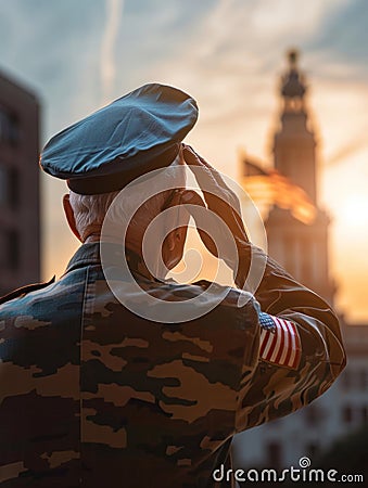 A veteran in military attire stands solemnly in front of a war memorial, lost in contemplation and reverence for those Stock Photo