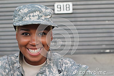 Veteran Soldier smiling and laughing. African American Woman in the military Stock Photo