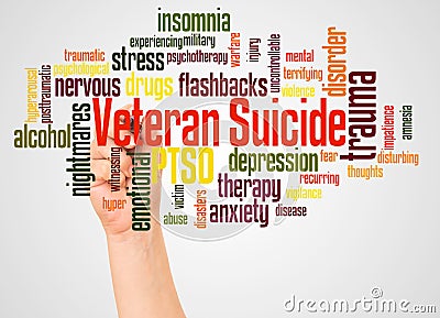 Veteran Suicide word cloud and hand with marker concept Stock Photo