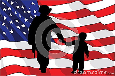 Veterans Day. An American soldier and a child. American flag. vector illustration Vector Illustration