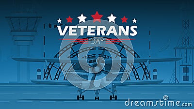 Veterans day banner. Military airport in the background. Vector, cartoon style Vector Illustration