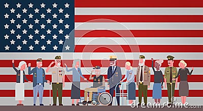 Veterans Day Celebration National American Holiday Banner With Group Of Retired Military People Over Usa Flag Background Vector Illustration