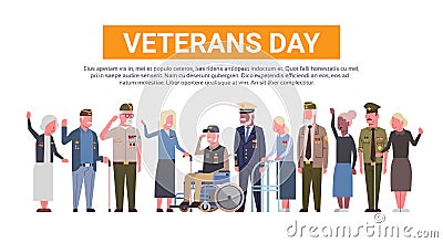 Veterans Day Celebration National American Holiday Banner With Group Of Retired Military People Vector Illustration