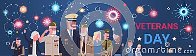 Veterans Day Celebration National American Holiday Banner With Group Of Retired Military People Vector Illustration