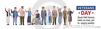 Veterans Day Celebration National American Holiday Banner With Group Of Retired Military People Vector Illustration