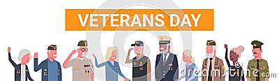 Veterans Day Celebration National American Holiday Banner With Group Of Retired Military People Vector Illustration