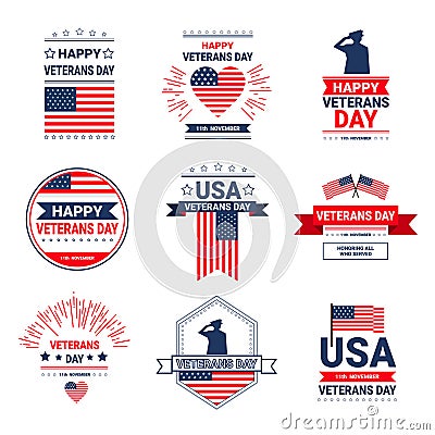 Veterans Day Celebration National American Holiday Icons Set, Collection Of Greeting Card With Usa Flag Vector Illustration