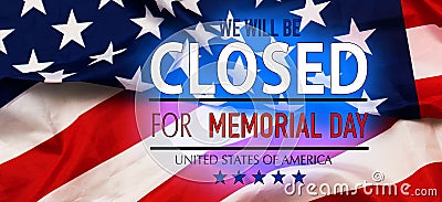 Veterans Day closed message with red, white and blue stars on burlap on a weathered whitewash wood. Stock Photo
