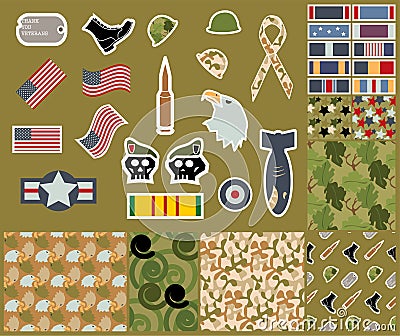 Veterans day Collection of Military Symbols and Seamless Camouflage Patterns Vector Illustration