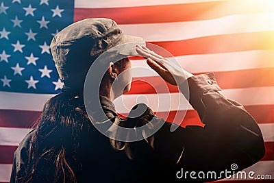 Veterans Day, Memorial Day, Independence Day.Silhouette of a female soldier saluting against the background of the American flag. Stock Photo