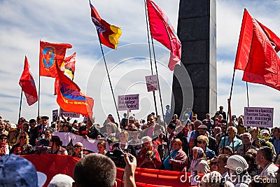 Veterans, patriot, ortodox and comunist picefully celebrate Victory day in Kiev. 9th of may 2014. Editorial Stock Photo