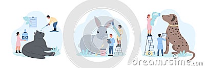 Veterinarian appointment set by tiny doctors with otoscope and infrared thermometer Vector Illustration